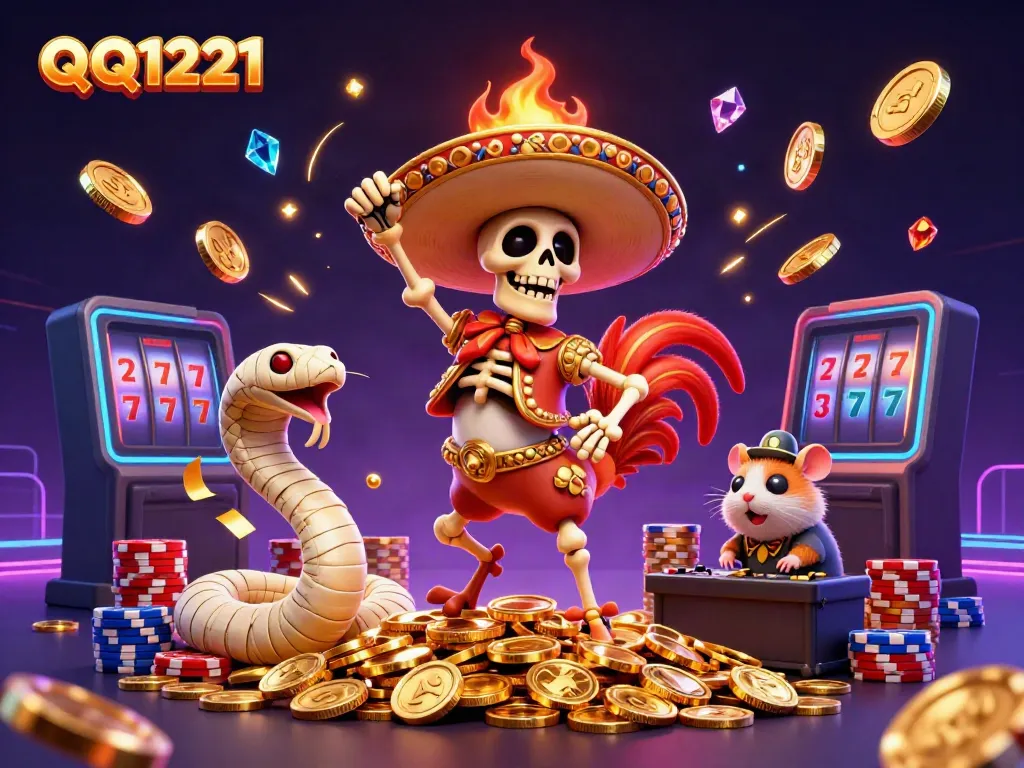 Engage with QQ1221's vibrant gaming world in a 3D illustration featuring festive characters and casino elements.