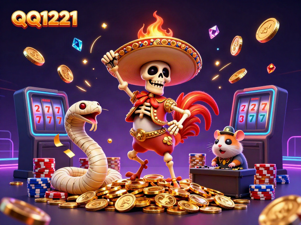 Engage with QQ1221's vibrant gaming world in a 3D illustration featuring festive characters and casino elements.