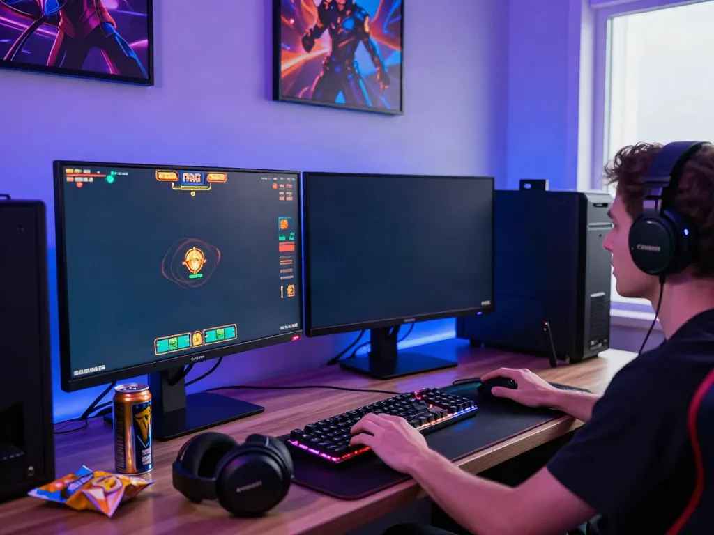 Player engaged in PG SLOT game at modern gaming setup with vibrant visuals.