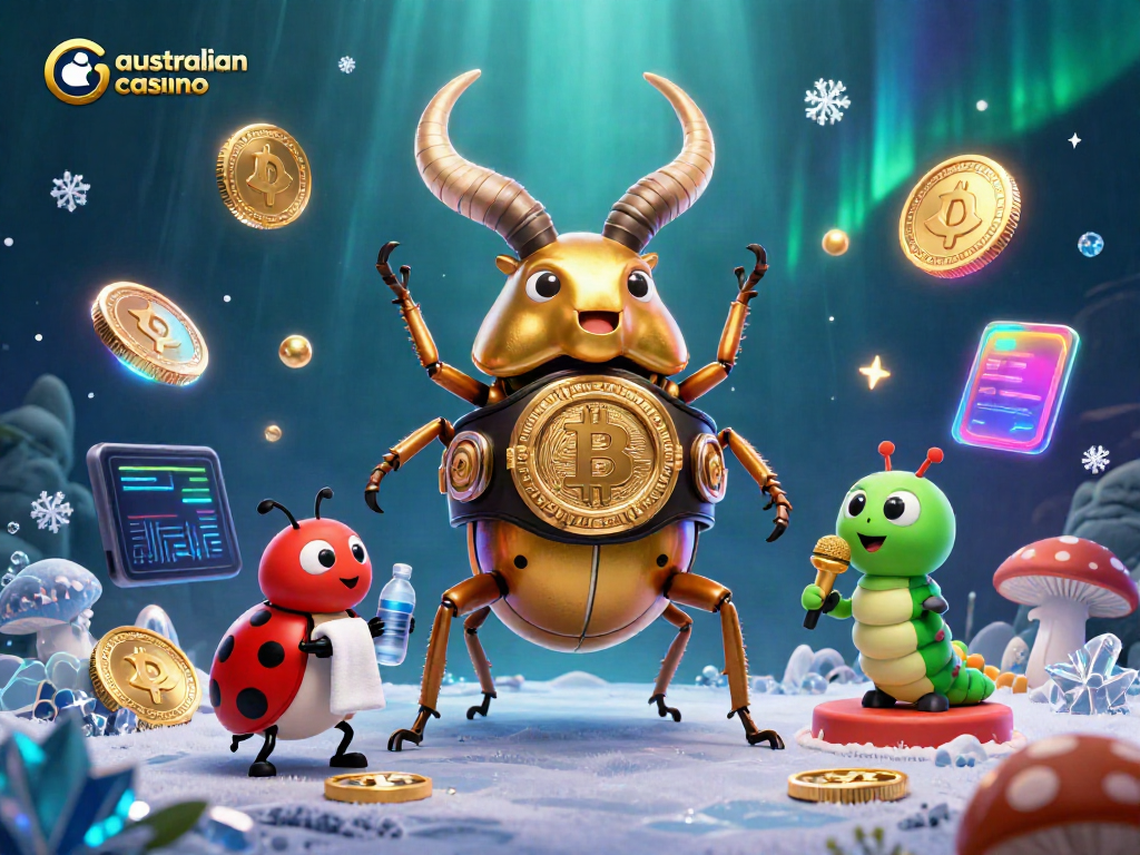 Witness the thrilling scene at australian casinos with a golden stag beetle champion facing off, surrounded by neon crypto elements.