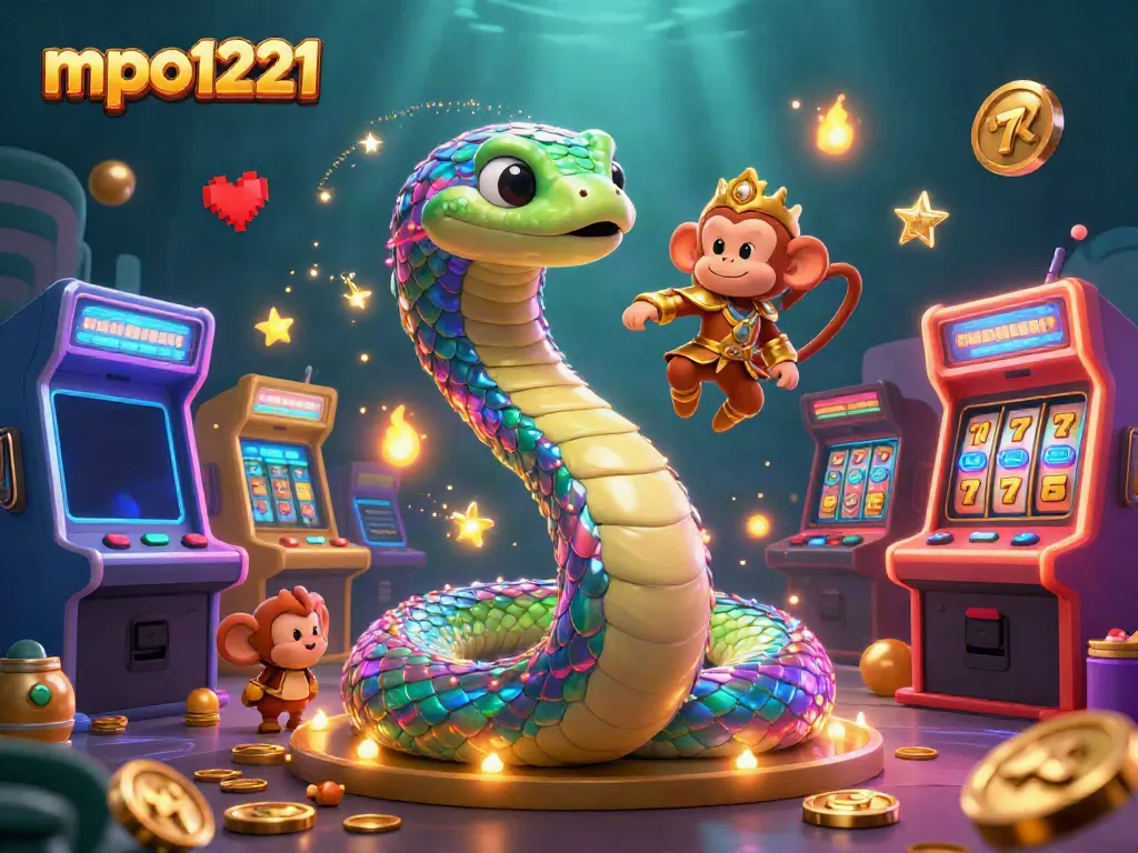 Engage with mpo1221's magical gaming adventure featuring a colorful serpent, monkey king, and arcade elements.