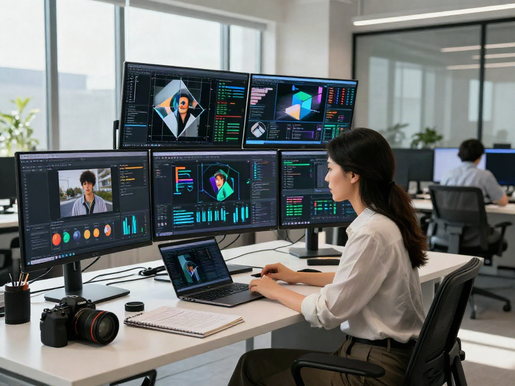AI Image Detection expert analyzing images on screens in a modern tech workspace.