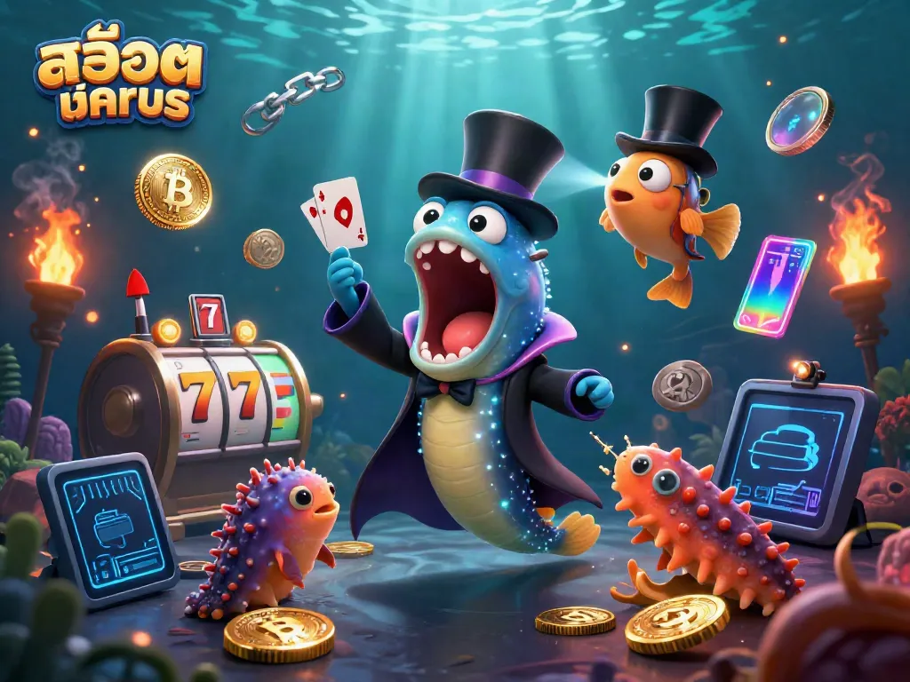 Engaging sprawling design showcasing สล็อตทดลอง with colorful slot reels woven into a fantasy underwater scene.