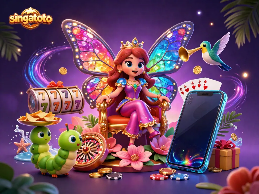 Experience the vibrant world of singatoto with a magical casino scene featuring luxurious characters and exciting game elements.