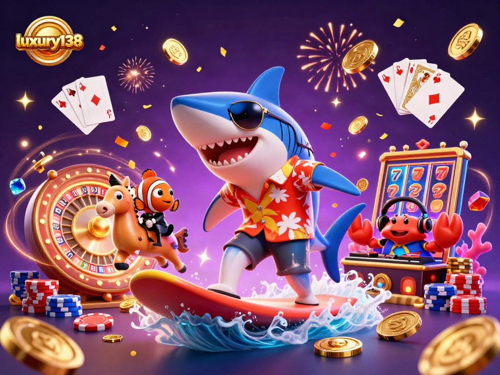 Luxury138 menampilkan hiu kartun berselancar di koin emas dan ikan badut di sampingnya.