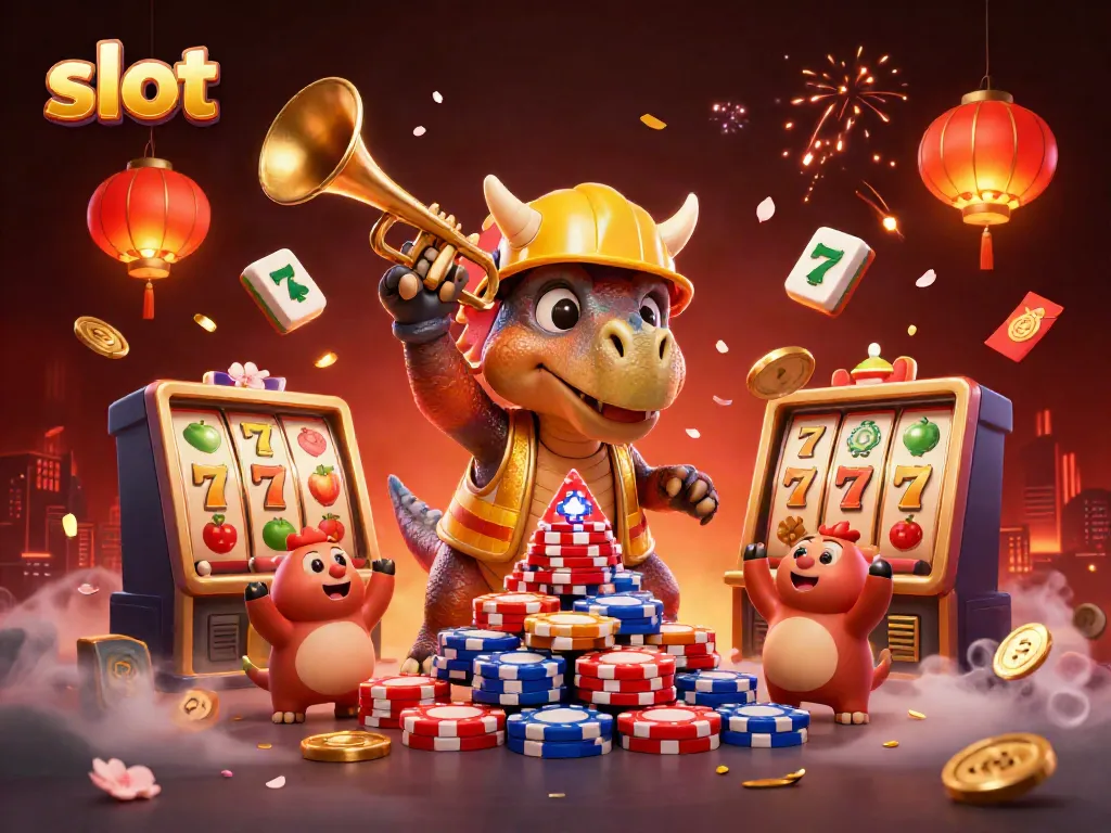 Slot dan simbol gemilang dimanfaatkan dinosaur dalam suasana festival kasino.