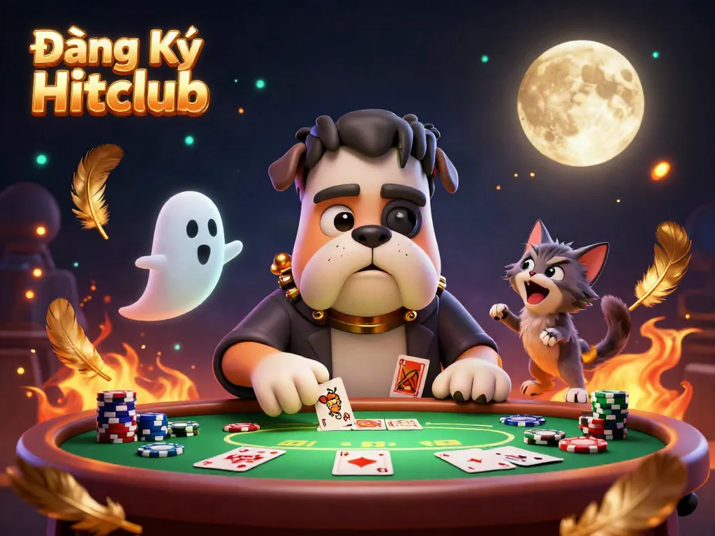 Join the action with Đăng Ký Hitclub at this thrilling casino scene featuring vibrant characters and cards.