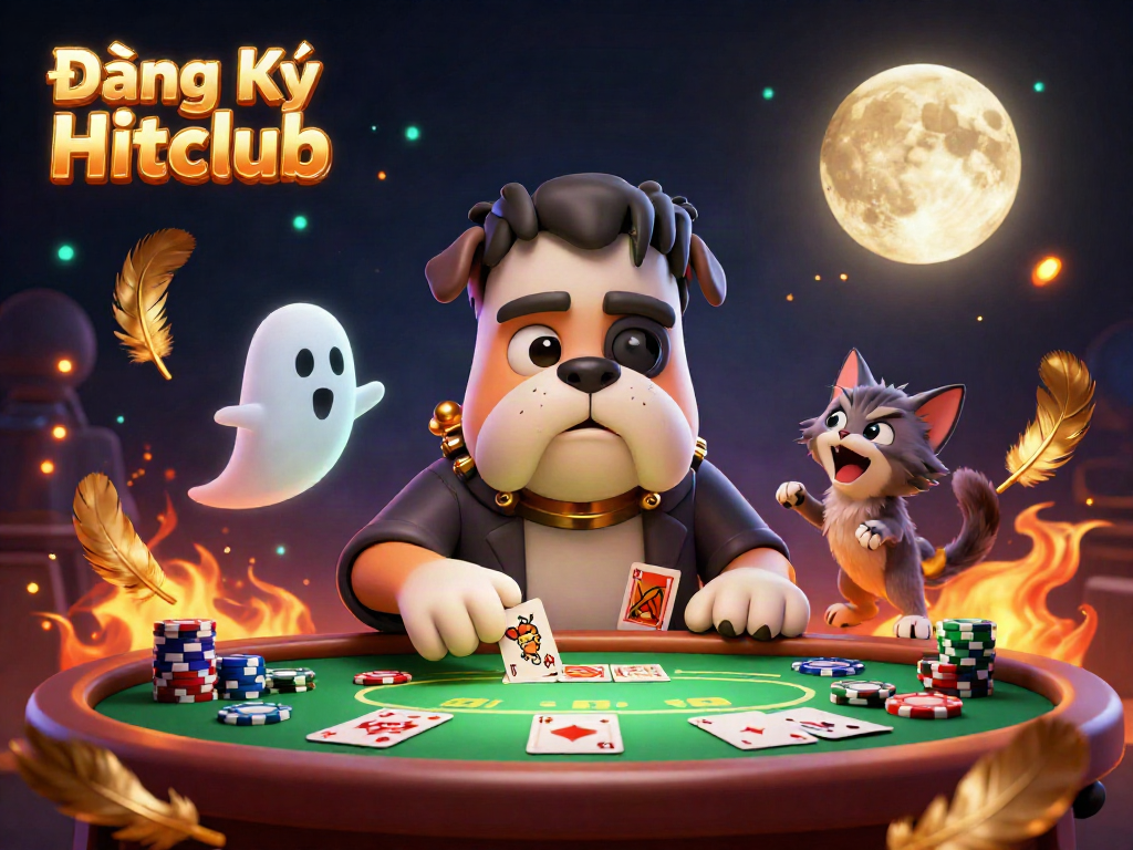 Join the action with Đăng Ký Hitclub at this thrilling casino scene featuring vibrant characters and cards.