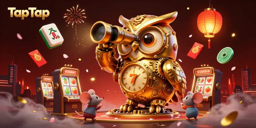 Experience the excitement of TapTap with a whimsical golden owl surveying a lively casino scene.