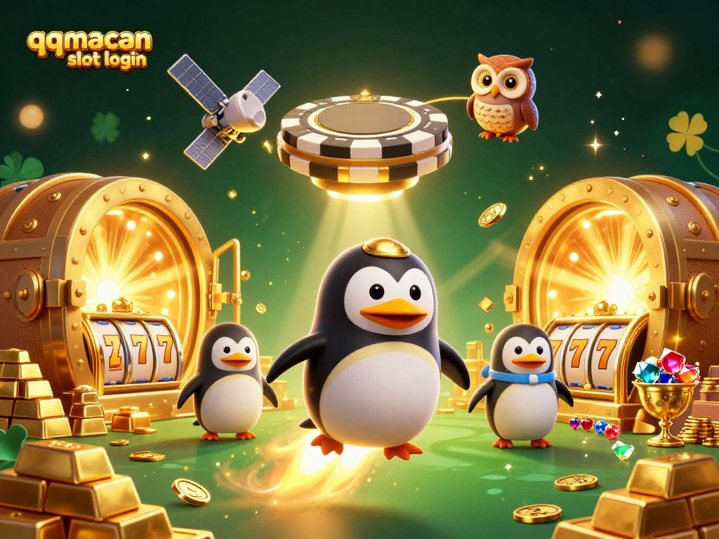 The qqmacan slot login highlights a rocket-powered penguin amid dazzling casino scenes filled with treasures and vibrant slot reels.