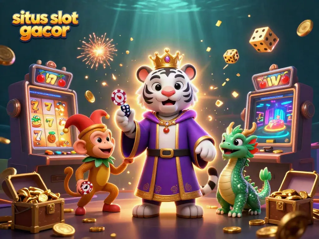 Experience situs slot gacor with a vibrant 3D scene featuring a white tiger, monkey, and dragon amidst a jackpot explosion.