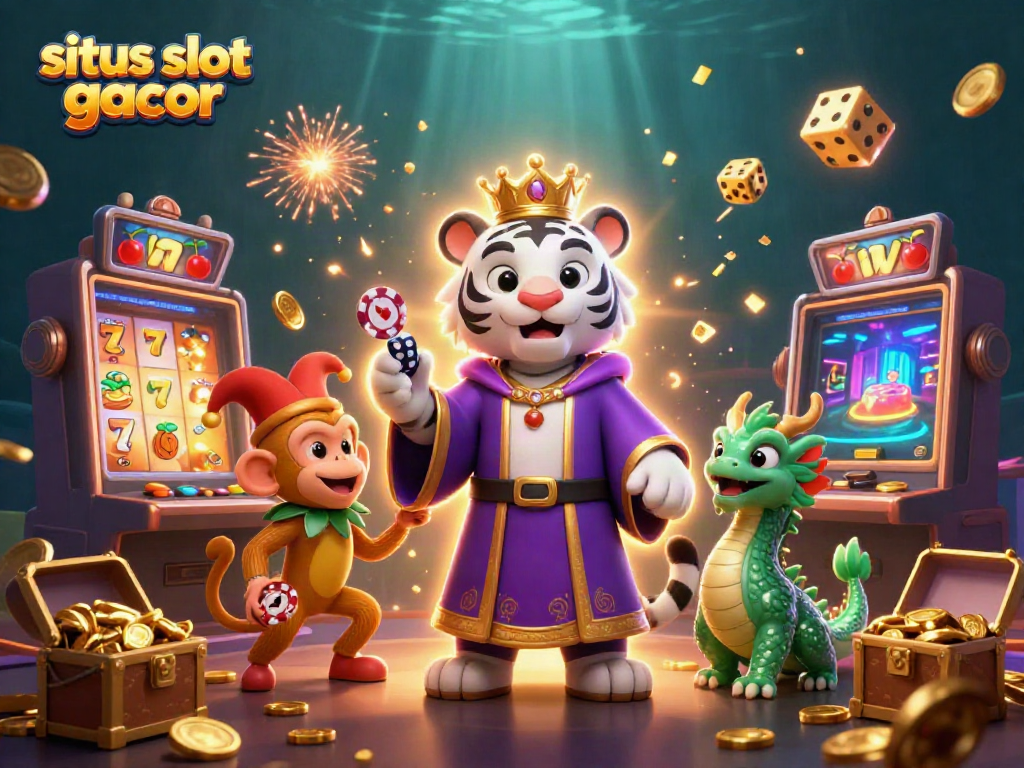 Experience situs slot gacor with a vibrant 3D scene featuring a white tiger, monkey, and dragon amidst a jackpot explosion.